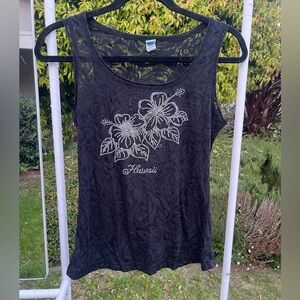 Black Lace Floral Rhinestone Tank Top - Hawaii Script